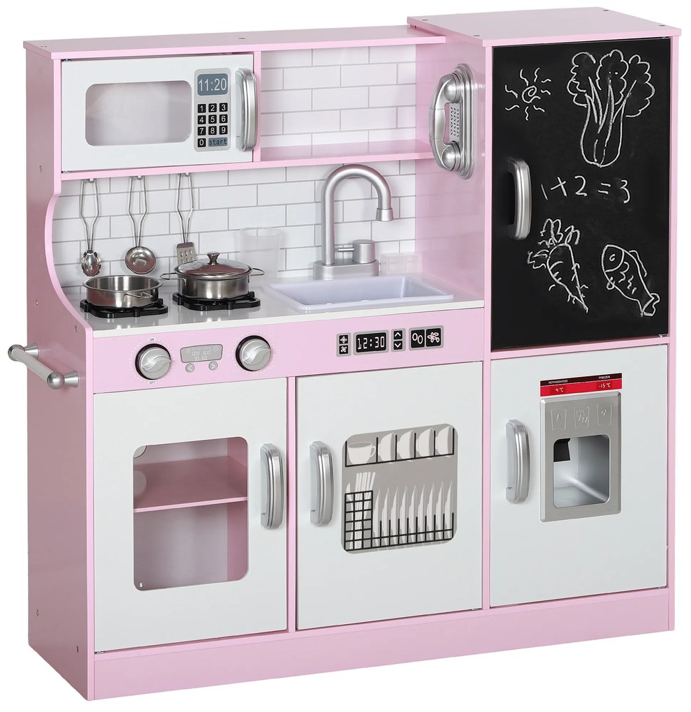 AIYAPLAY Set de bucătărie pentru copii cu oale, tablă, telefon, mașină de gheață, cuptor, 83,8 x 26,8 x 81 cm, Roz | Aosom Romania