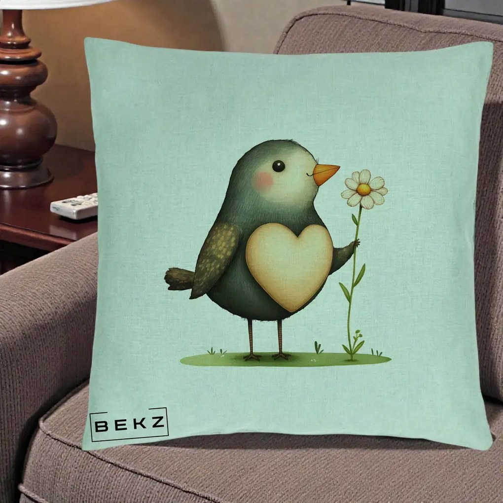 Perna Decorativa Pasare cu Inima si Margareta, 40x40 cm, Verde Menta, Husa Detasabila, Perna Inclusa, BEKZ®