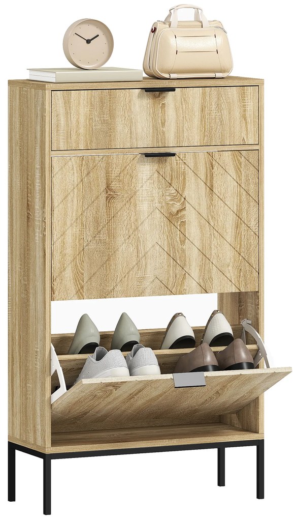 HOMCOM Mobilier de pantofi 8 perechi cu sertar glisant, 2 sertare rabatabile, rafturi reglabile, 60x24x105,5cm, stejar | Aosom Romania