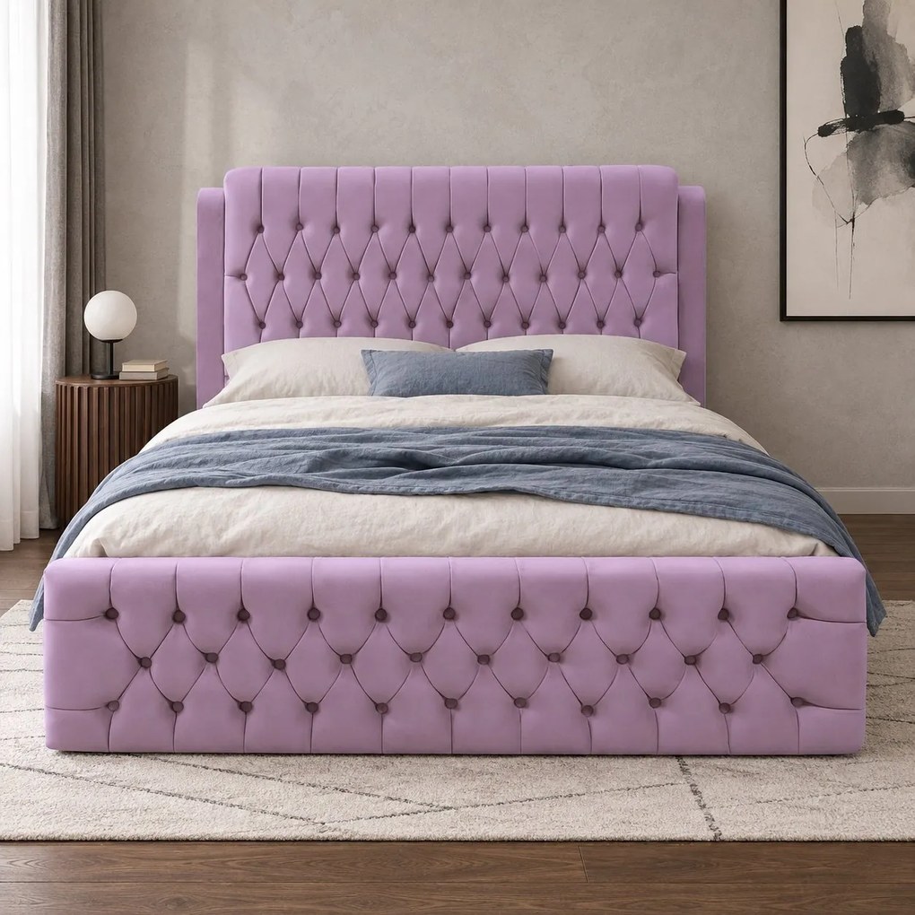Pat tapițat din catifea Aveline 180×200 cm, lila, cu ladă de depozitare
