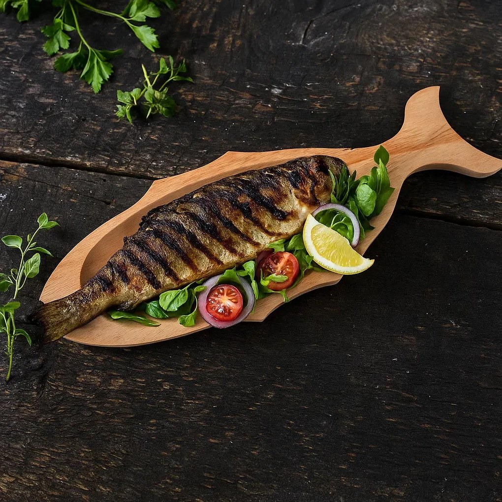 Tava din lemn pentru servirea pestelui ,   46x18 cm, fag natur