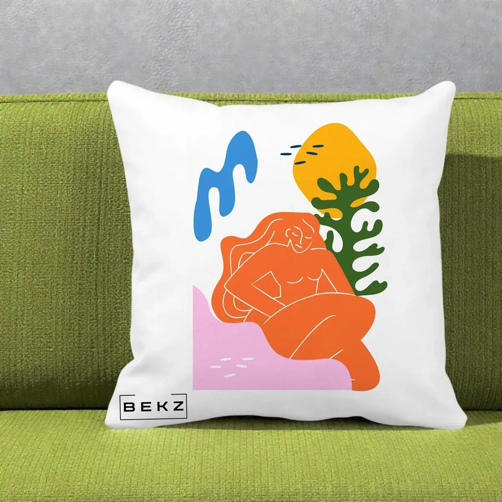 Perna Decorativa Femeie Portocalie Relaxata, 40x40 cm, Alba Mata, Husa Detasabila, Perna Inclusa, BEKZ®