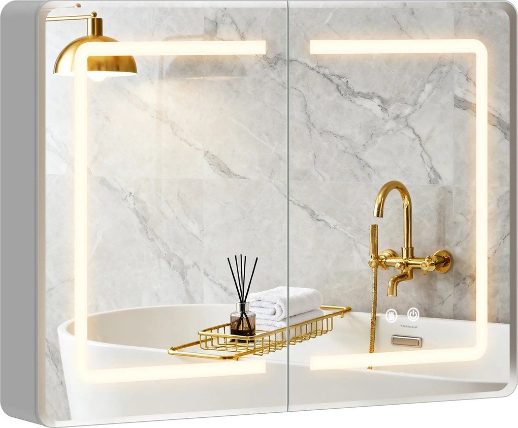 HOMCOM Dulap cu oglindă pentru baie cu iluminare LED, 60 x 80 cm, antiaburire, dimabil în 3 trepte | Aosom Romania