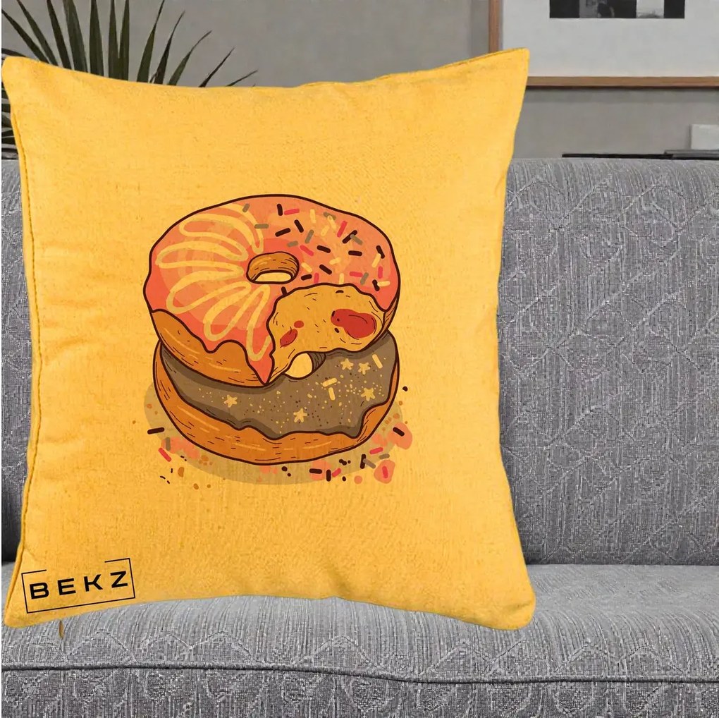 Perna Decorativa Donuts Roz si Mov, 40x40 cm, Galben, Husa Detasabila, Perna Inclusa, BEKZ®