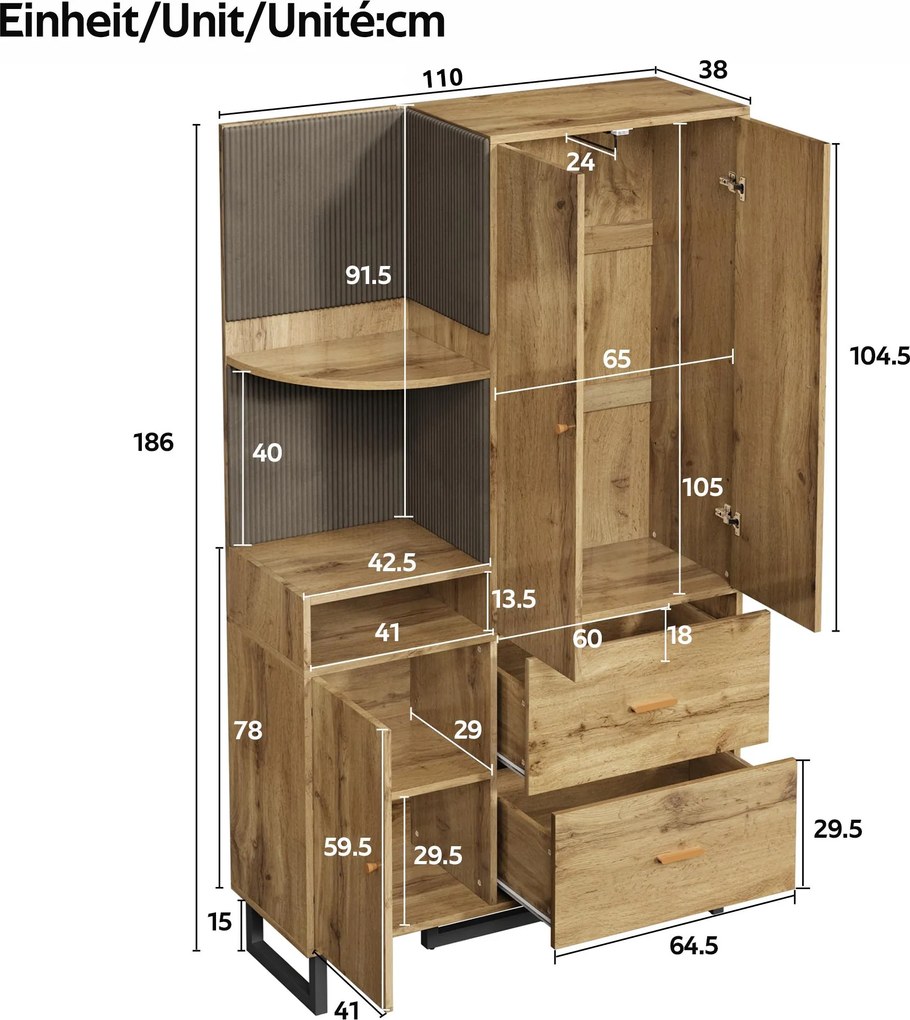 Dulap garderobă cu rafturi deschise, bară extensibilă pentru haine, 2 sertare încăpătoare, 110x38x186 cm, Culoare naturală