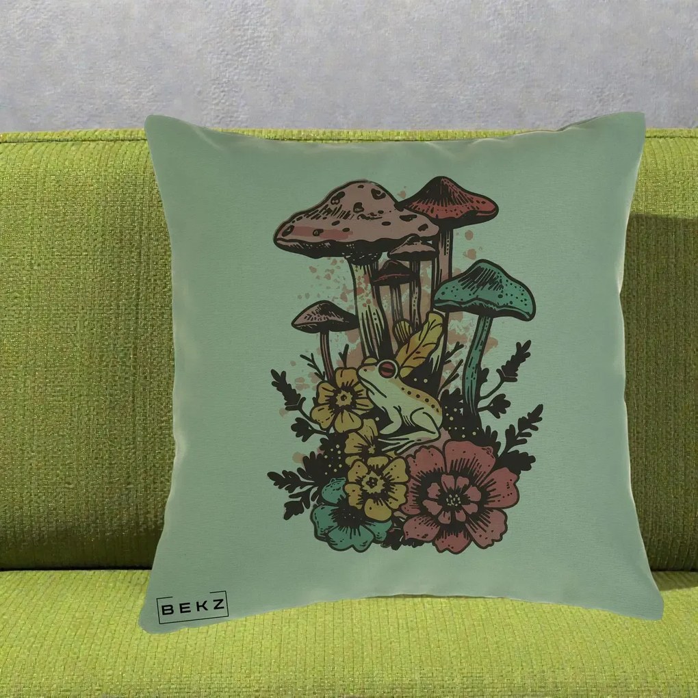 Perna Decorativa Ciuperci si Broaste Boho, 40x40 cm, Verde, Husa Detasabila, Perna Inclusa, BEKZ®