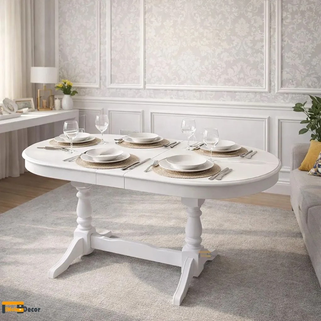 Masa ovala extensibila lemn, alb, 130/160 x 76 x 77 cm
