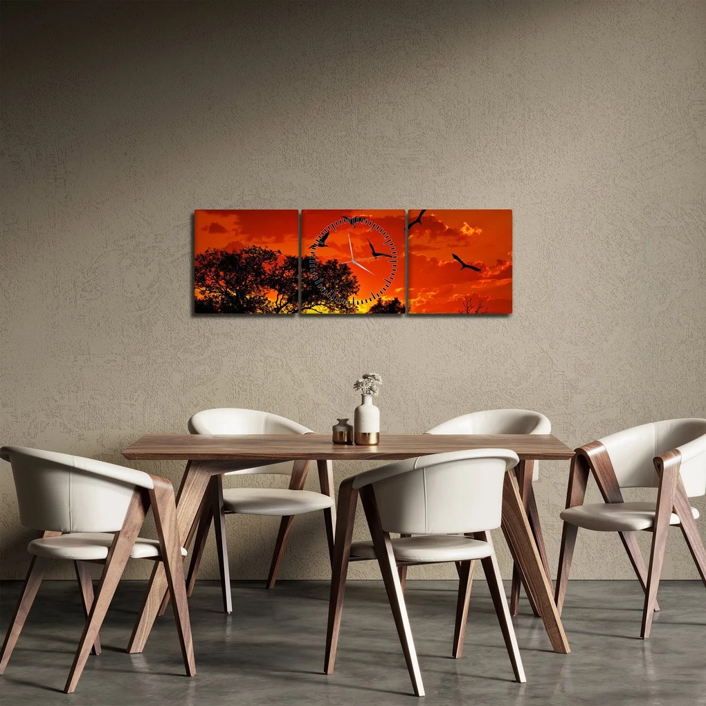Tablou cu păsări în apus de soare (cu ceas) (90x30 cm)