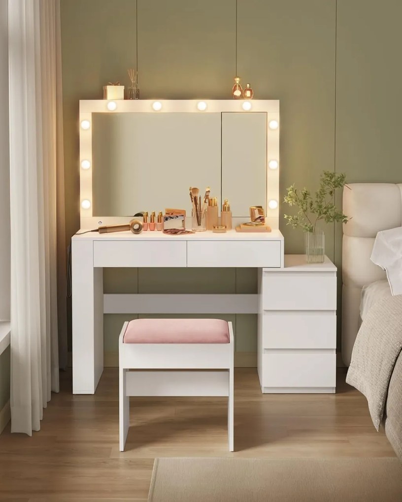 Masuta machiaj cu Oglinda LED si 5 Sertare pentru Cosmetice, Set Masa toaleta 125 cm, Alb, masuta cosmetica, vanity - SEA803