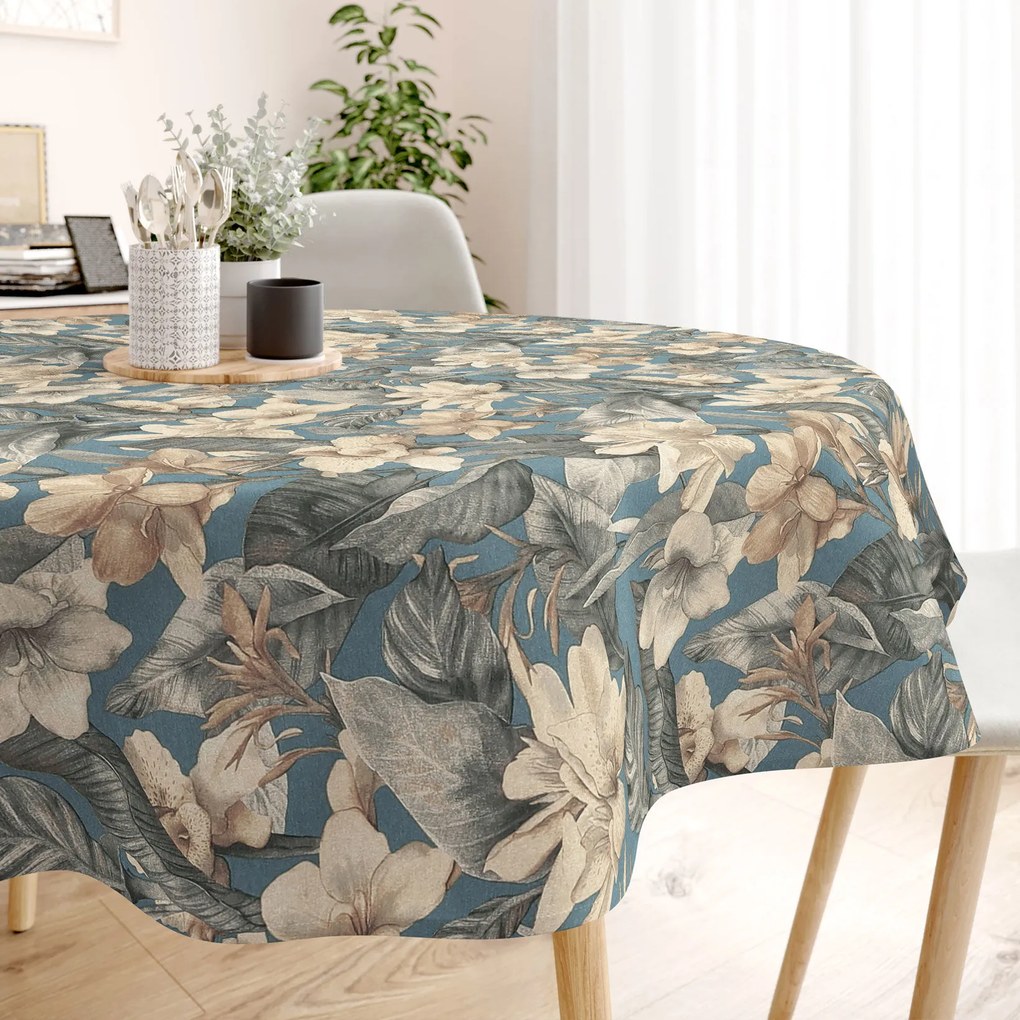 Goldea față de masă decorativă loneta - flori tropicale - rotundă Ø 150 cm