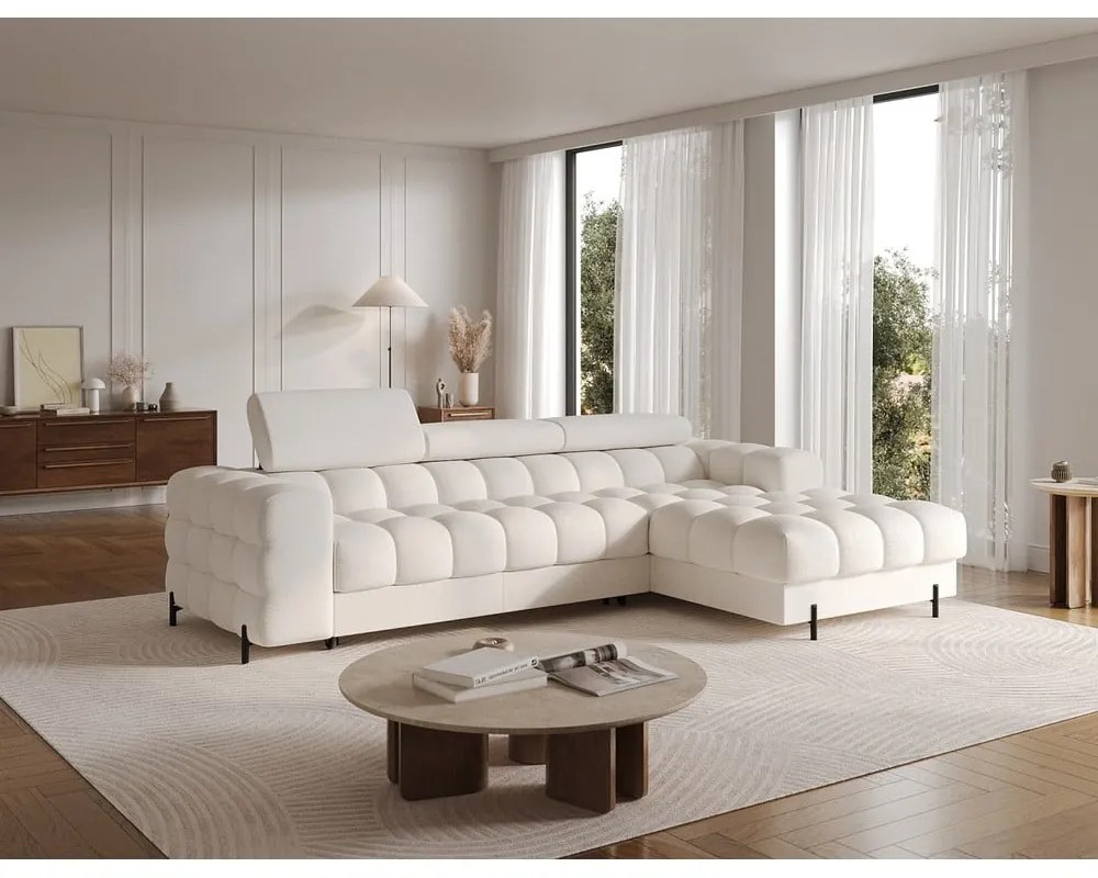 Colțar crem extensibil/cu spațiu de depozitare cu tapițerie din țesătură bouclé (cu colț pe partea dreaptă/cu șezlong) Felro – ELTAP