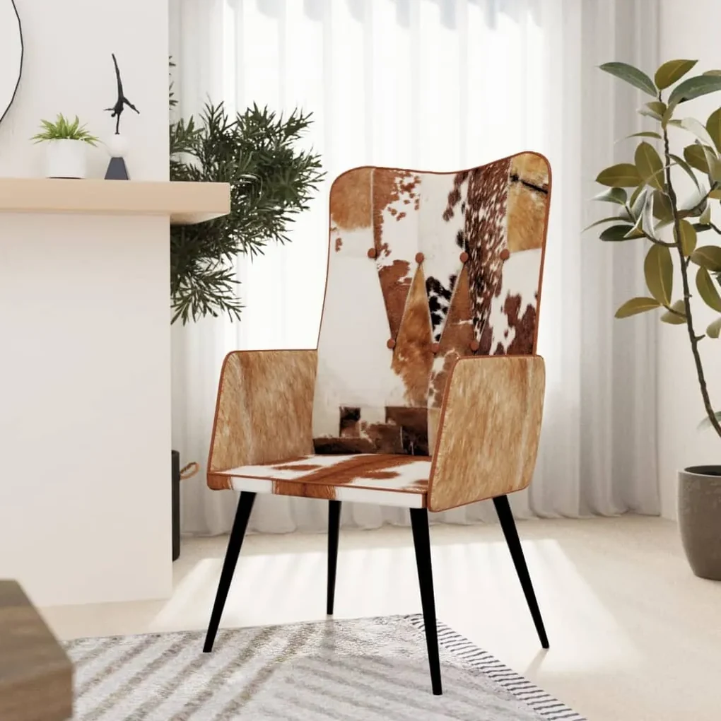 339657 vidaXL Scaun cu spătar înalt maro & alb, piele naturală cu păr