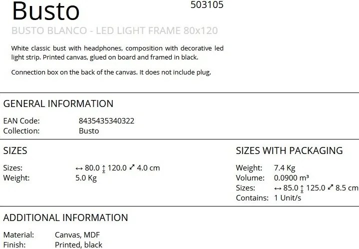 Tablou, Bust cu iluminat LED imprimat pe panza Busto 80x120cm
