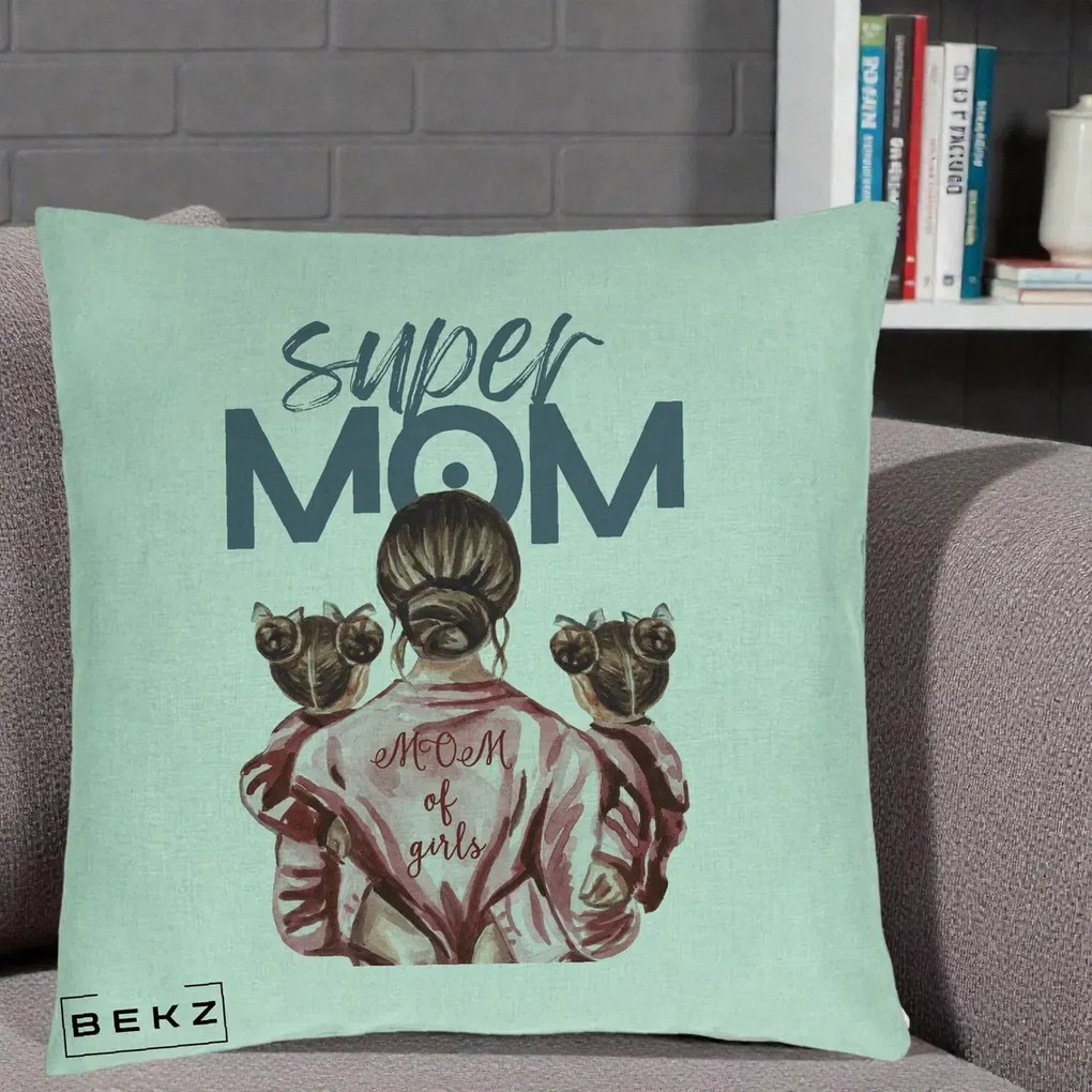 Cadou pentru Mama - Perna Personalizata Super Mom of Girls Mama cu Gemene, 40x40 cm, Verde Menta, Husa Detasabila, Perna Inclusa, BEKZ®