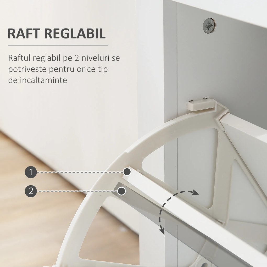 HOMCOM Suport pentru Pantofi cu 2 Sertare pentru 16 Perechi de Pantofi cu Etajeră Reglabilă și Raft din Sticlă, 89x23x96cm, Alb Lucios | Aosom Romania