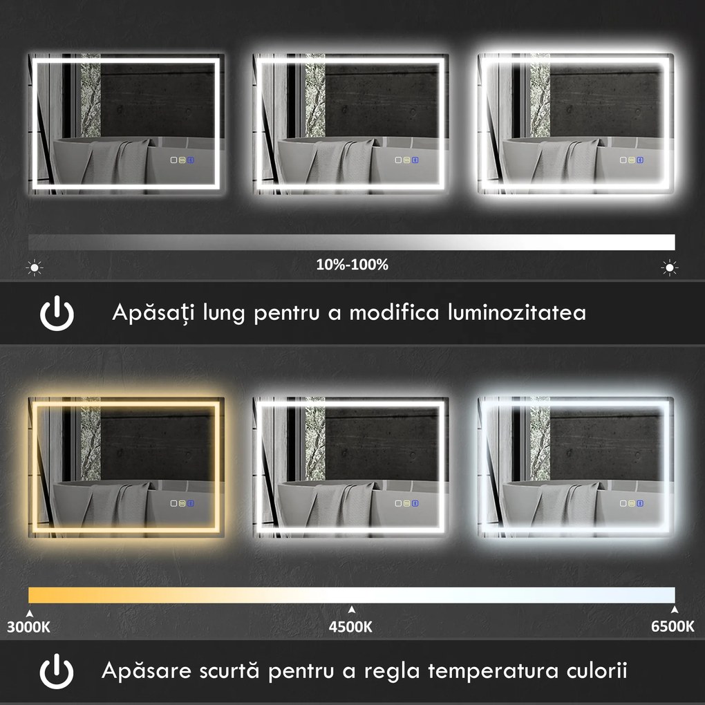 HOMCOM Oglindă Baie Antiaburire cu Lumină LED și Difuzor Bluetooth 50x70 cm | Aosom Romania