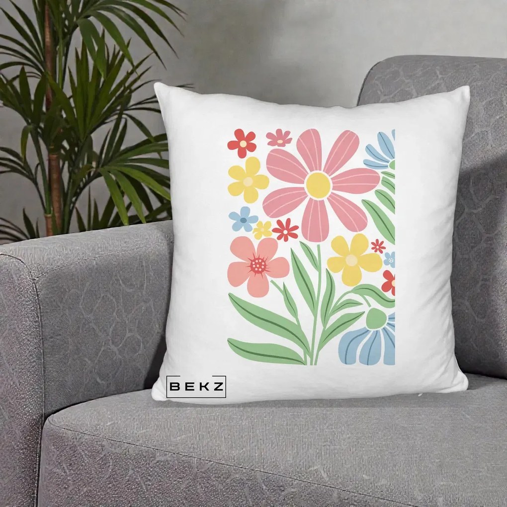 Perna Decorativa Flori Grafice Roz Pastel, 40x40 cm, Alb Pufos, Husa Detasabila, Perna Inclusa, BEKZ®