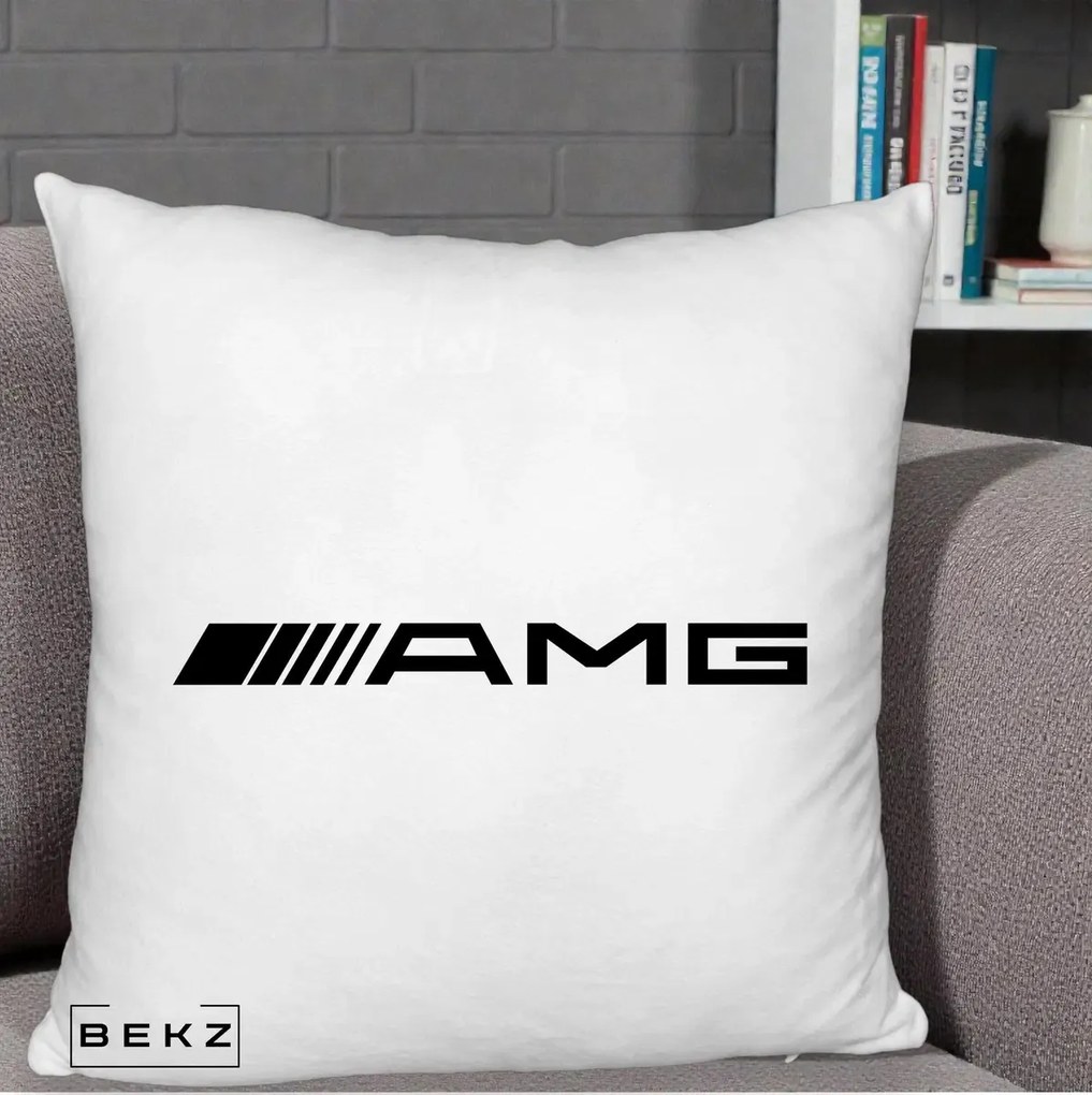 Perna Personalizata cu emblema Mercedes-AMG, 40x40 cm, Alb Pufos, Husa Detasabila, Perna Inclusa, BEKZ®