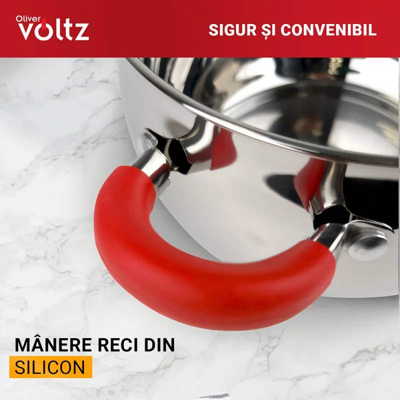 Oala Oliver Voltz OV51210N22, 22 cm, 4,6 l, Inductie, Manere silicon rosii, Inox/Roşu
