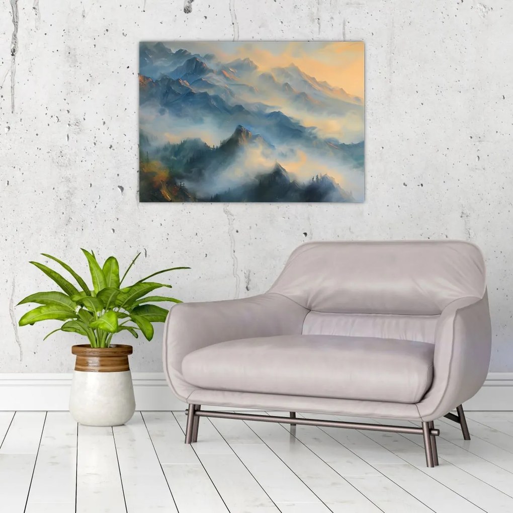 Tablou pe sticlă - Peisaj montan pictat (70x50 cm)
