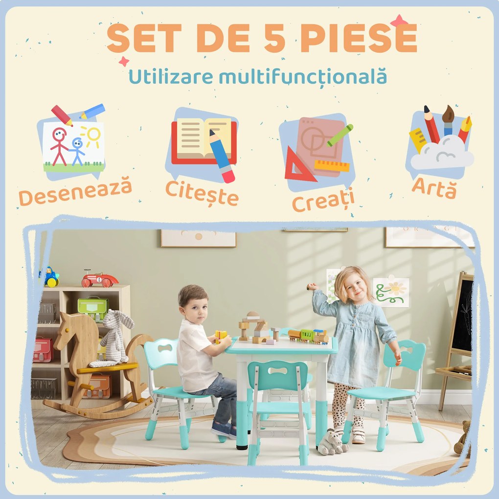 AIYAPLAY Set Măsuță și Scaune pentru Copii 18-60 Luni cu Înălțime Reglabilă și Tablă de Scris, 60x60x46-58 cm, Verde | Aosom Romania