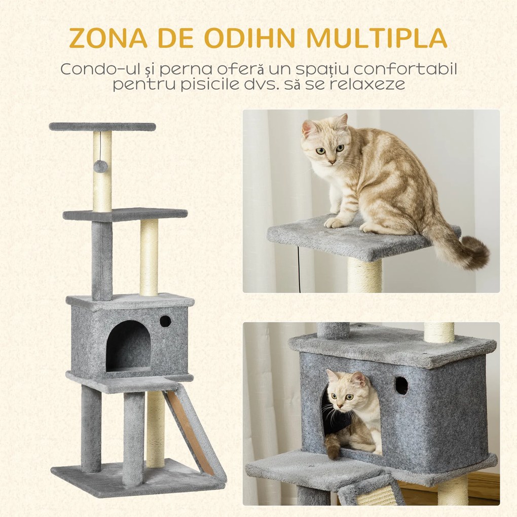 PawHut Copac pentru Pisici pe Mai Multe Niveluri cu Căsuță, Scară și Stâlpi din Sisal, Gri | Aosom Romania