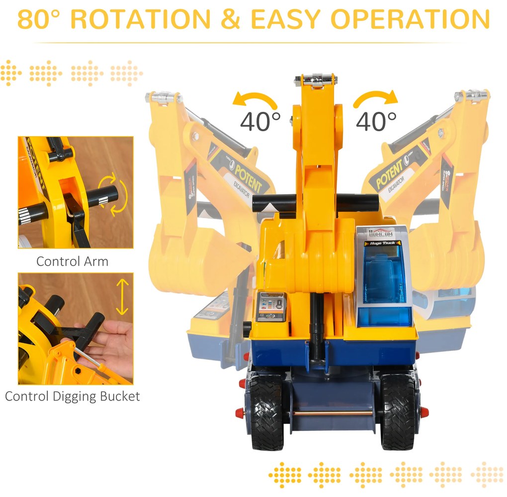 HOMCOM Buldozer Jucarie cu Excavator Manual Scaun Rotativ si Casca, Jucarie prevazuta cu Loc, Copii 2-3 ani, 77x26x55cm, Galben