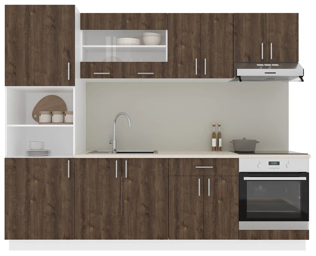 Set Bucatarie Karo V20, Stejar Bronz/Alb, Blat Thermo 28 mm, L 260 cm