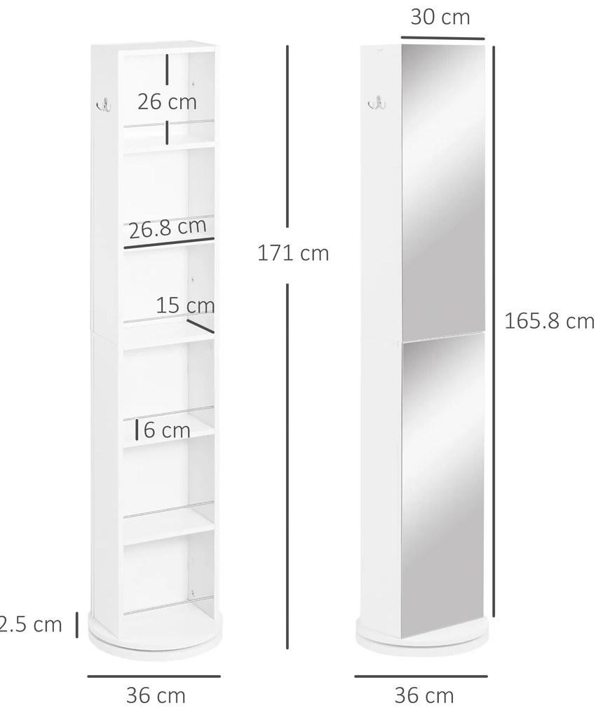 kleankin Mobilier coloană de baie pivotant cu oglindă 6 rafturi 36 x 36 x 171 cm alb | Aosom Romania