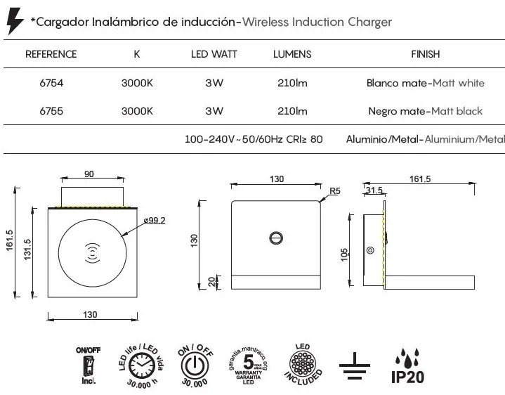 Aplica LED, incarcator wireless ZANZIBAR negru