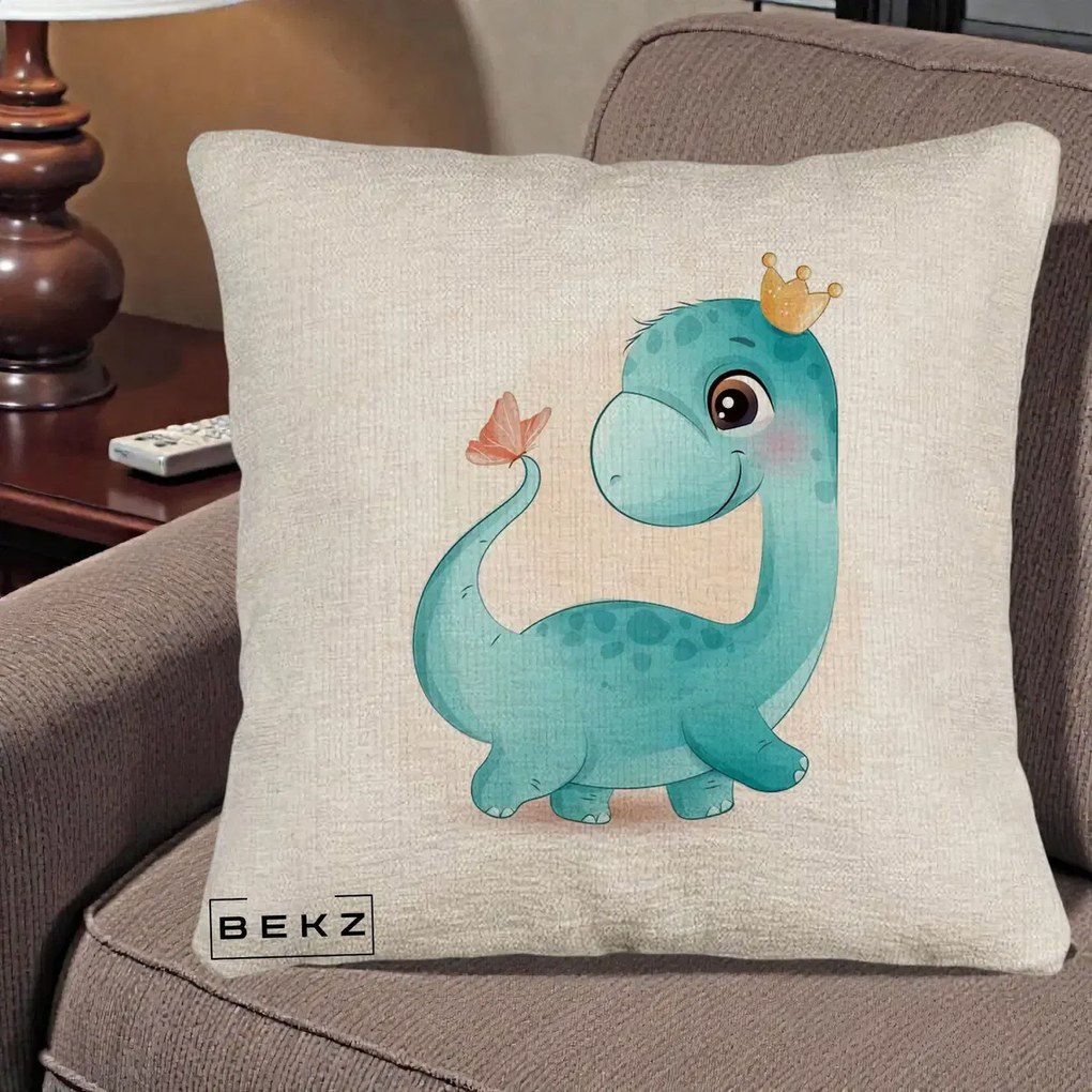 Perna Personalizata Dinozaur Bland Coroana Kawaii, 40x40 cm, Bej Canapea, Husa Detasabila, Perna Inclusa, BEKZ®