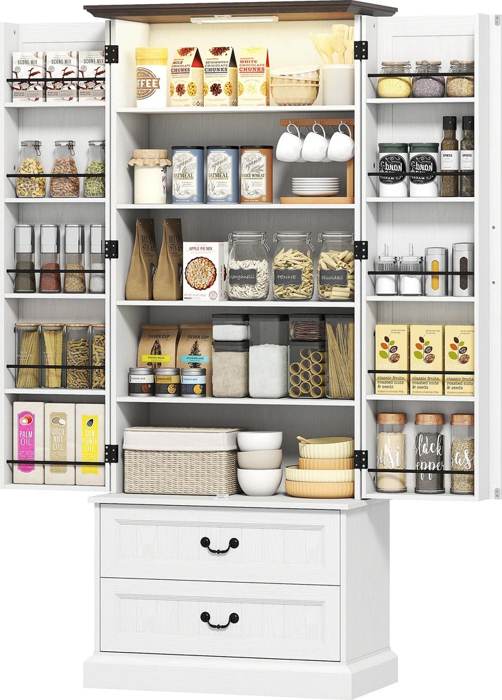 HOMCOM Bufet înalt bucătărie, dulap de bucătărie, LED cu senzor, 2 uși, sertare și rafturi reglabile, 76x39,5x183cm, alb | Aosom Romania