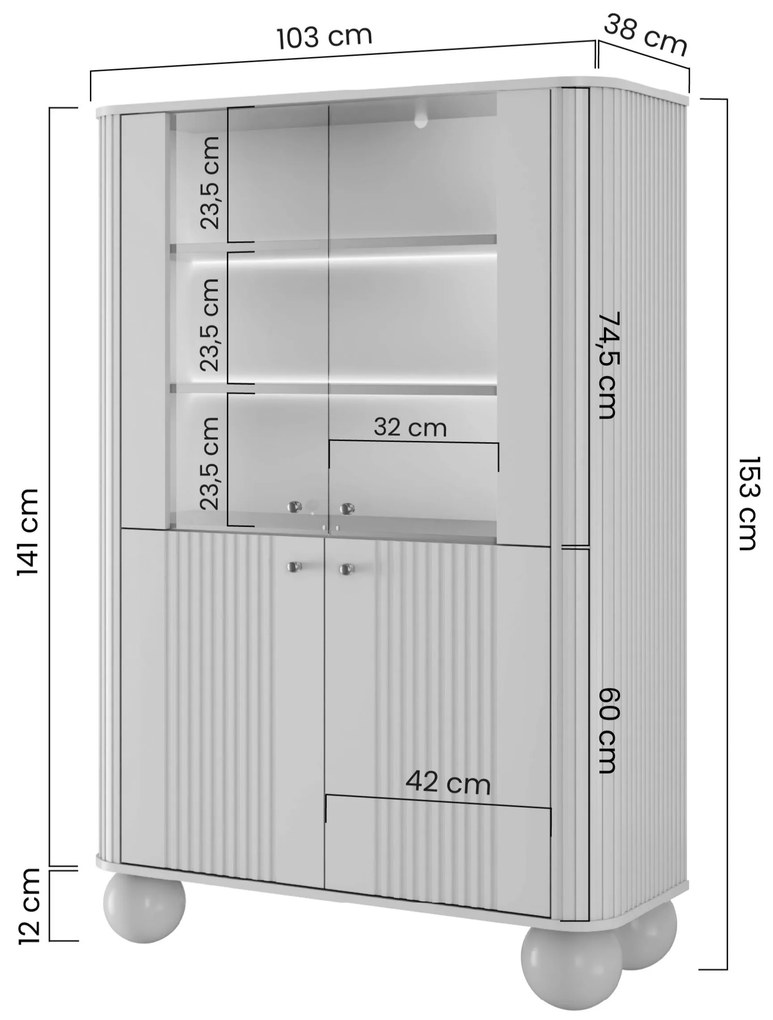 Vitrină Vesper 103 cm cu 4 uși - cașmir / nuc / mânere aurii / picioare sferice