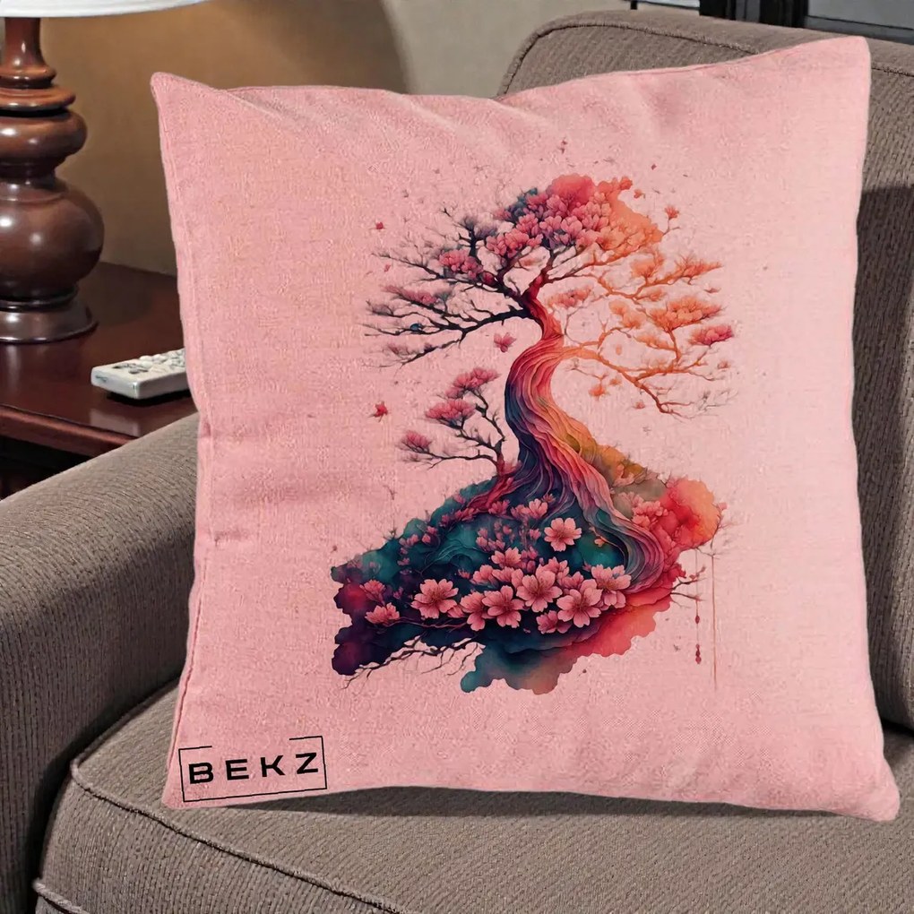 Perna Decorativa Copac Sakura Acuarela Fantasy, 40x40 cm, Roz, Husa Detasabila, Perna Inclusa, BEKZ®