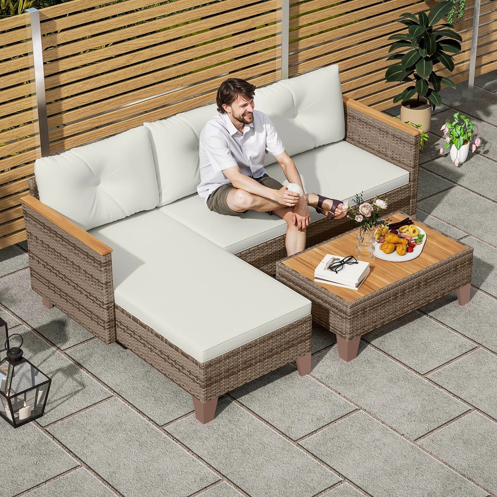 Outsunny Set de Mobilier de Grădină din 3 Piese cu Canapea, Șezlong și Măsuță de Cafea, 128x66x66 cm, Kaki | Aosom Romania