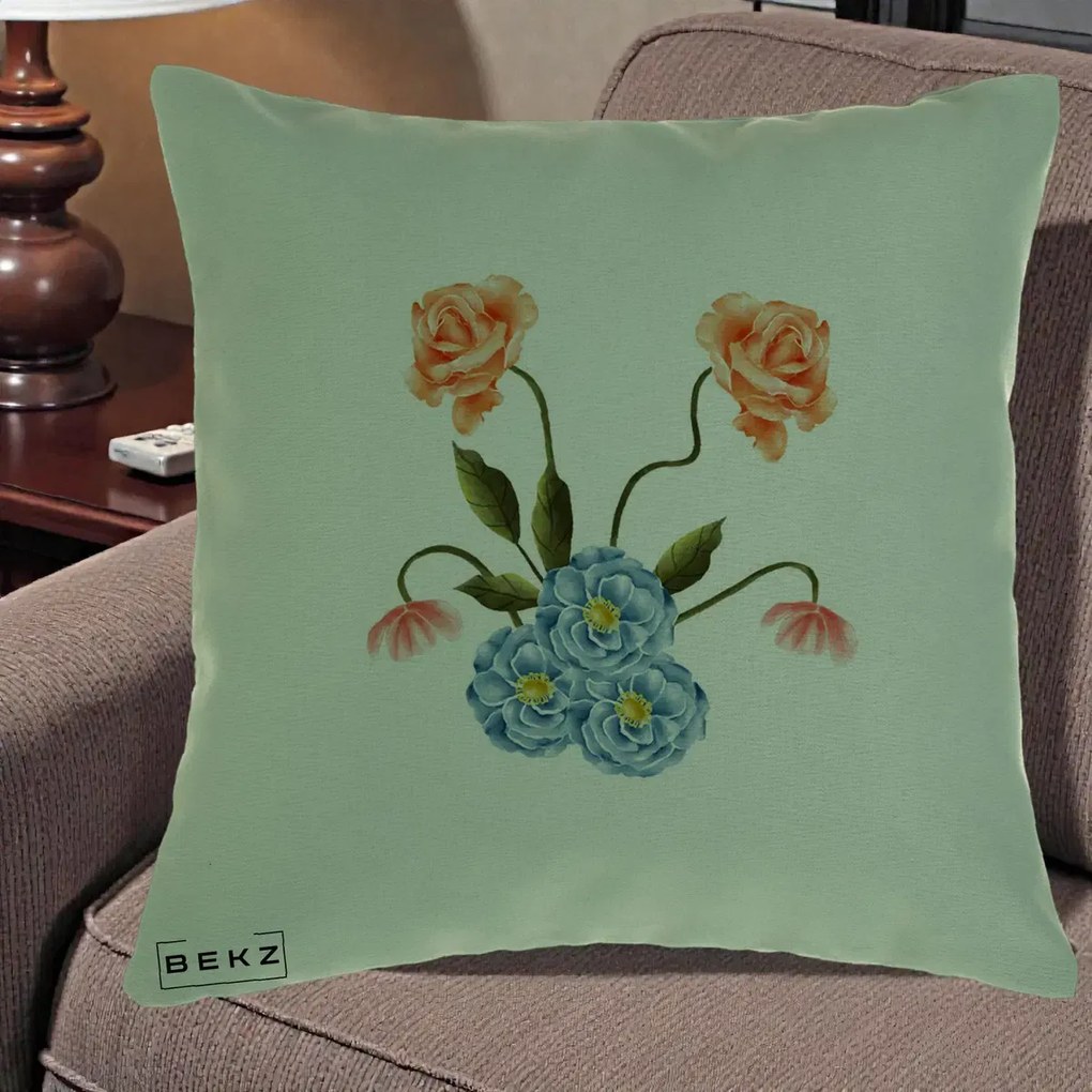 Perna Decorativa Trandafiri si Bujori Acuarela, 40x40 cm, Verde, Husa Detasabila, Perna Inclusa, BEKZ®