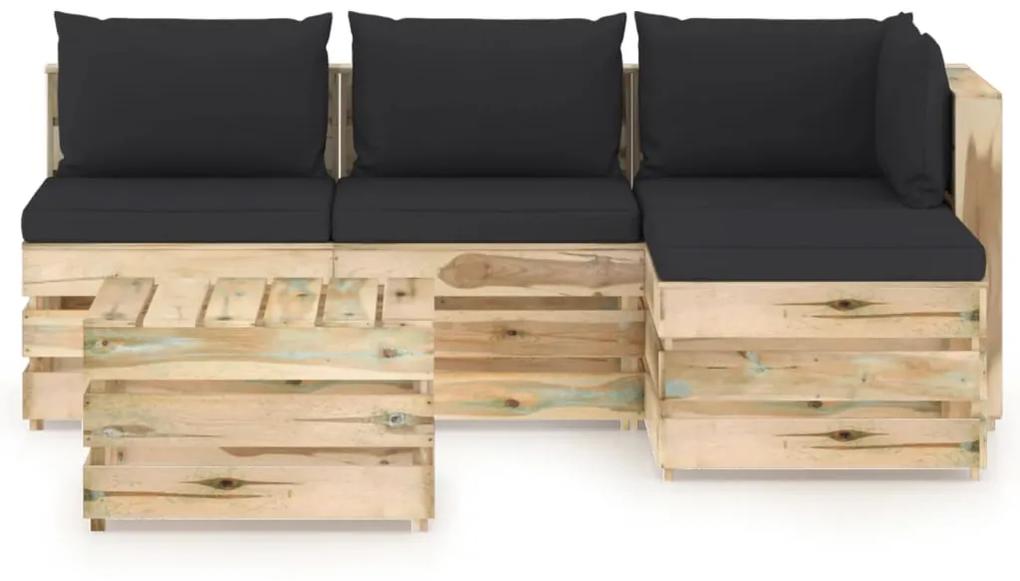 Set mobilier gradina cu perne, 5 piese, lemn tratat verde negru si maro, 5