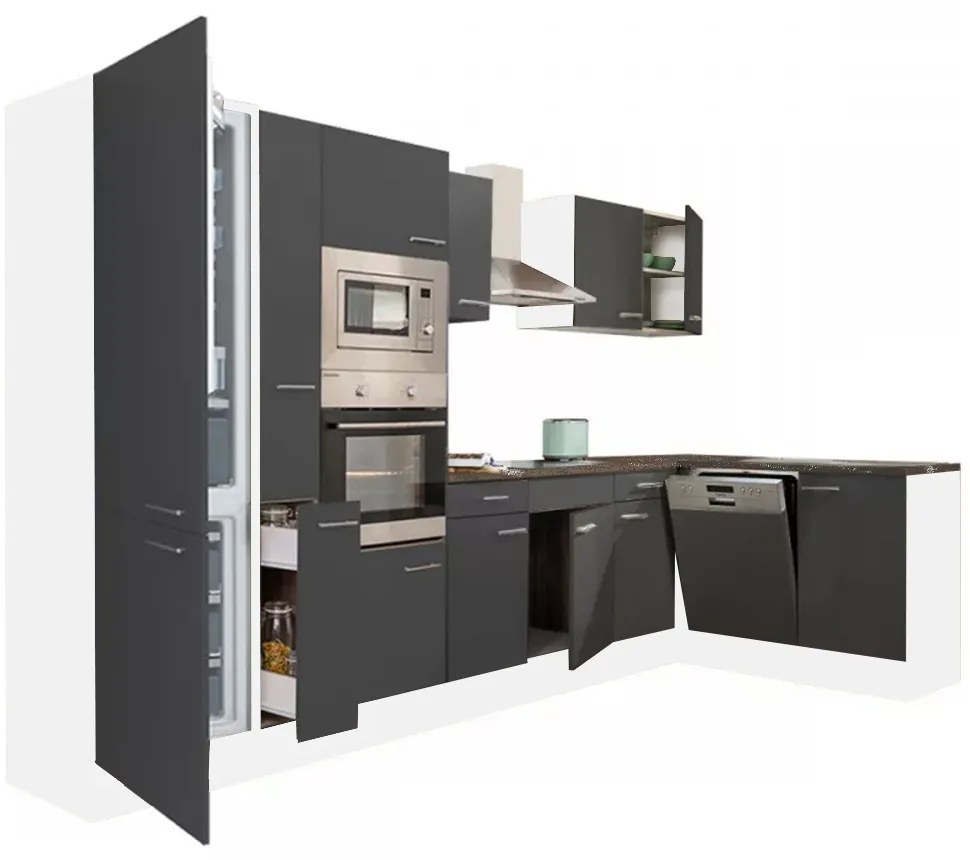 Dulap de bucătărie de colț Yorki 370, corp alb, față antracit satinat, cu frigider sub blat