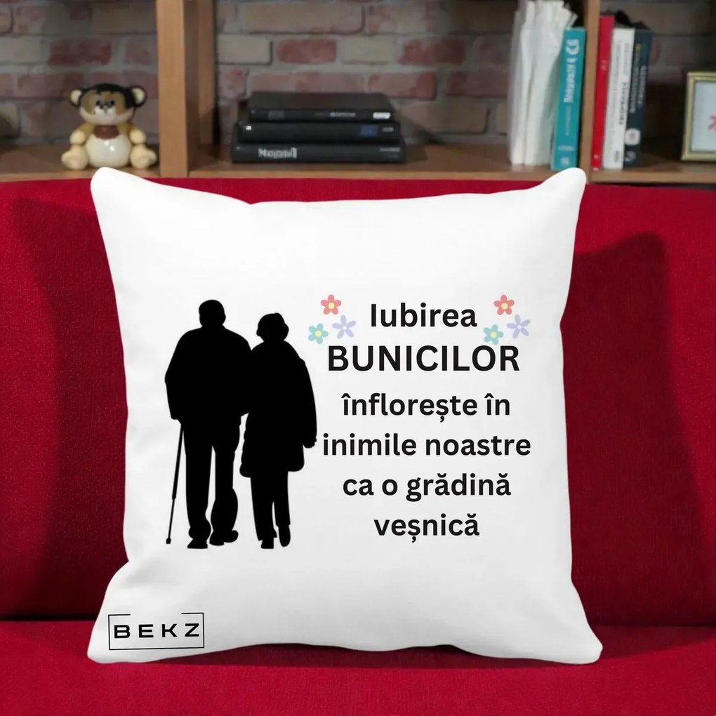 Cadou pentru Bunici - Perna Personalizata Bunicii Iubirea Infloreste Silueta Neagra Flori, 40x40 cm, Alba Mata, Husa Detasabila, Perna Inclusa, BEKZ®