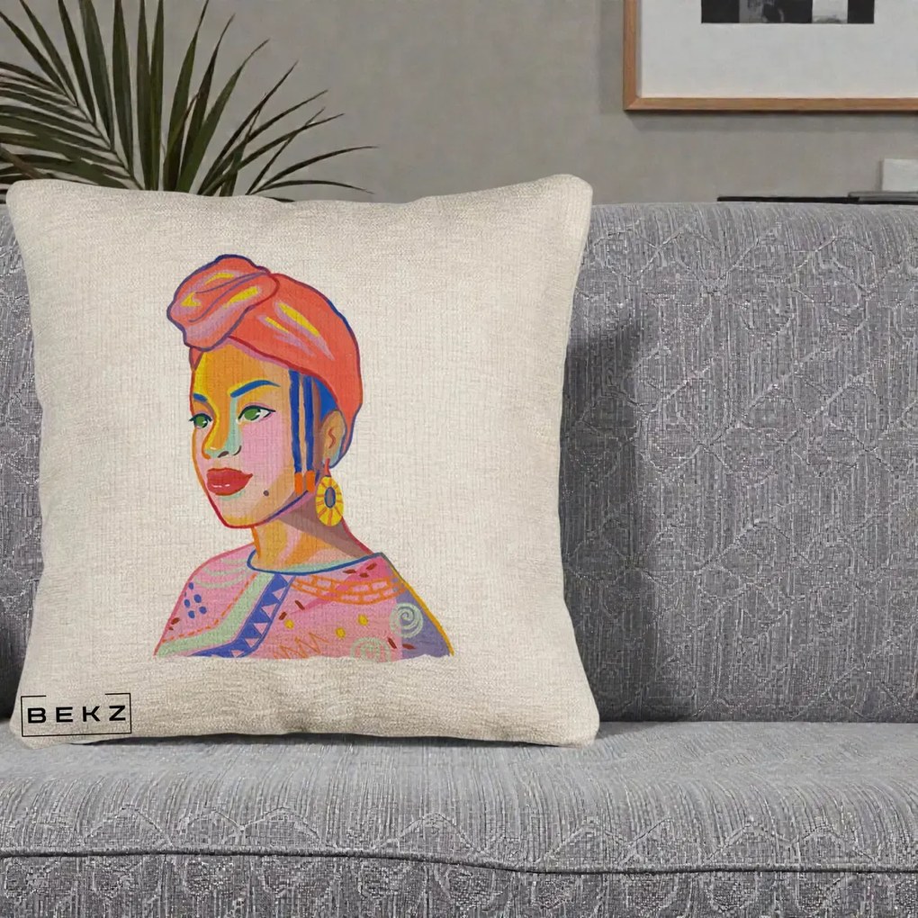 Perna Decorativa Portret Femeie Africana, 40x40 cm, Bej Canapea, Husa Detasabila, Perna Inclusa, BEKZ®