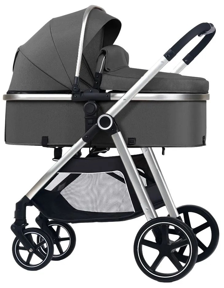 Carucior multifunctional transformabil 2 in 1 Kidizi Moveo gri, include saltea pentru landou si geanta pentru accesorii, cadru silver