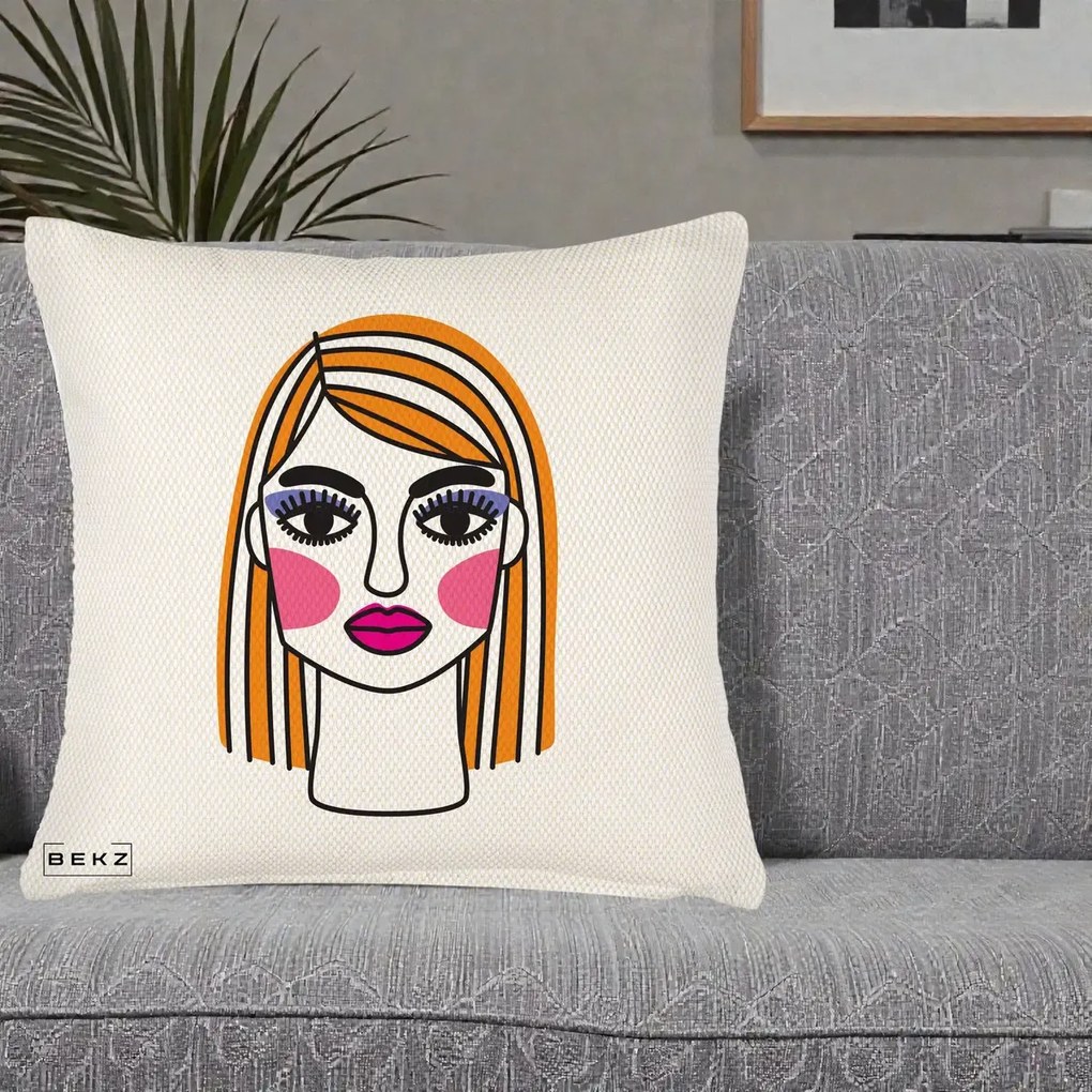 Perna Decorativa Portret Pop Art Fata, 40x40 cm, Crem Reliefat, Husa Detasabila, Perna Inclusa, BEKZ®