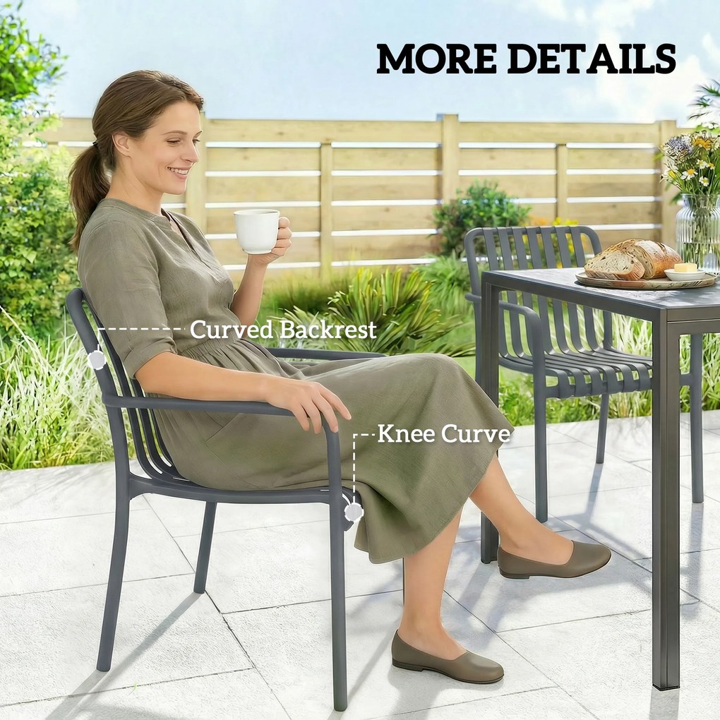 Outsunny Set 4 scaune pentru grădină Scaune stivuibile pentru terasă cu design cu lamele și cotiere, ergonomice Gri închis | Aosom Romania