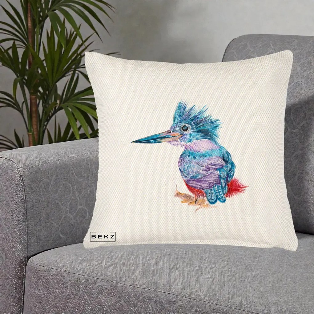 Perna Decorativa Pasare Martin Pescar Acuarela Albastru-Mov, 40x40 cm, Crem Reliefat, Husa Detasabila, Perna Inclusa, BEKZ®