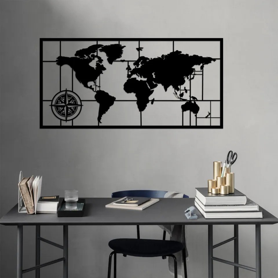 Accesoriu Decorativ de Perete World Map Metal Decor 7, Metal, Negru