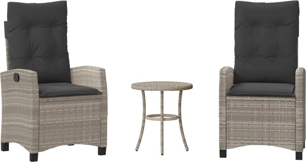 vidaXL Set bistro cu perne, 3 piese, gri deschis, poliratan