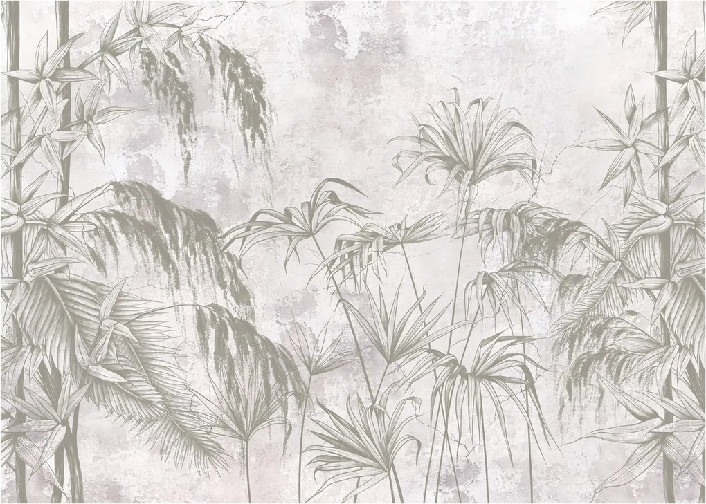 Tablou pe sticlă - Plante tropicale pe perete gri (70x50 cm)