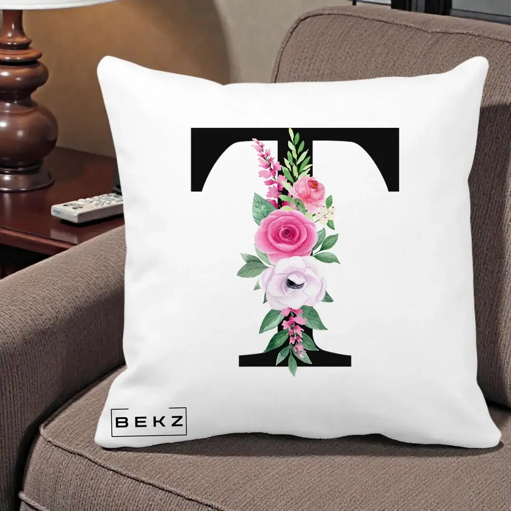 Cadou Personalizat - Perna Personalizata Monograma Florala Litera T, 40x40 cm, Alba Mata, Husa Detasabila, Perna Inclusa, BEKZ®