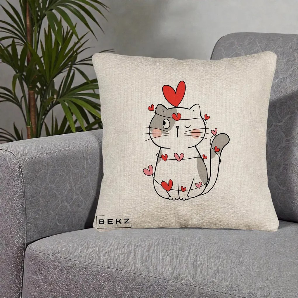 Perna Decorativa Pisica Kawaii cu Inimi, 40x40 cm, Bej Canapea, Husa Detasabila, Perna Inclusa, BEKZ®