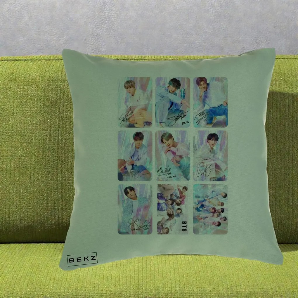 Perna Personalizata K-pop BTS Colaj 9 Fotografii Autografe Individual, 40x40 cm, Verde, Husa Detasabila, Perna Inclusa, BEKZ®